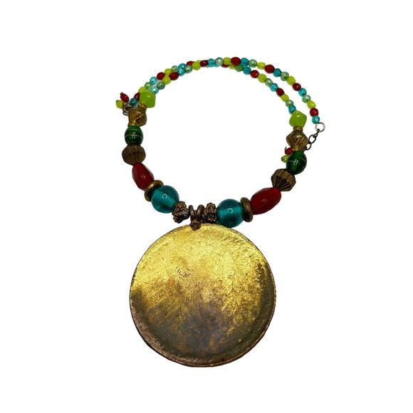 VTG Y2K Boho Chic Enameled Brass Medallion Choker Necklace Artsy Bohemian - Picture 5 of 7